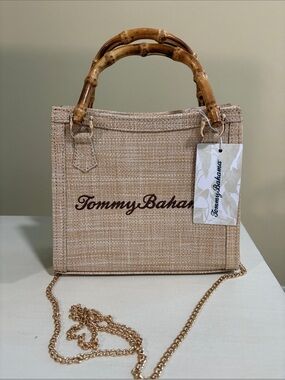 Tommy Bahama Beige Raffia Mini Tote with Bamboo Handles NWT